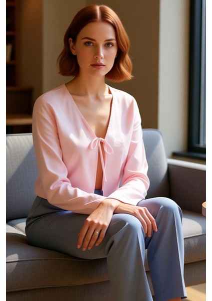 Kadın V Yaka Bağlantılı Düşük Kollu Dokuma Bluz Kaliteli Şık Rahat Modern Zarif Günlük fırsatları