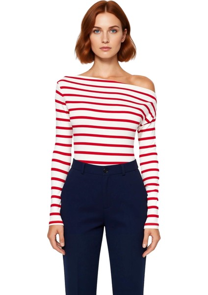 Moda Kayık Yaka Örme Slim Çizgili Desen Casual Günlük Regular Uzun Kol Bluz