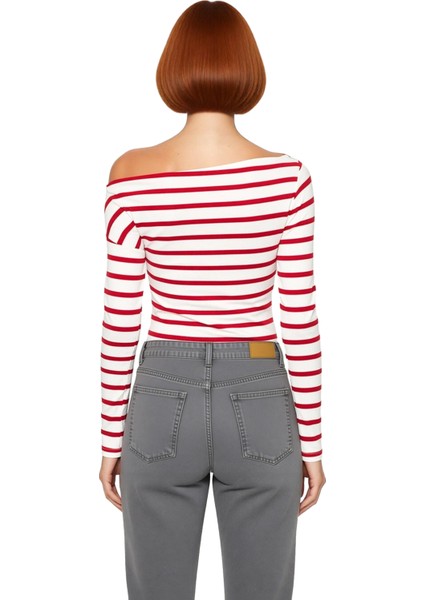 Moda Kayık Yaka Örme Slim Çizgili Desen Casual Günlük Regular Uzun Kol Bluz fiyatları