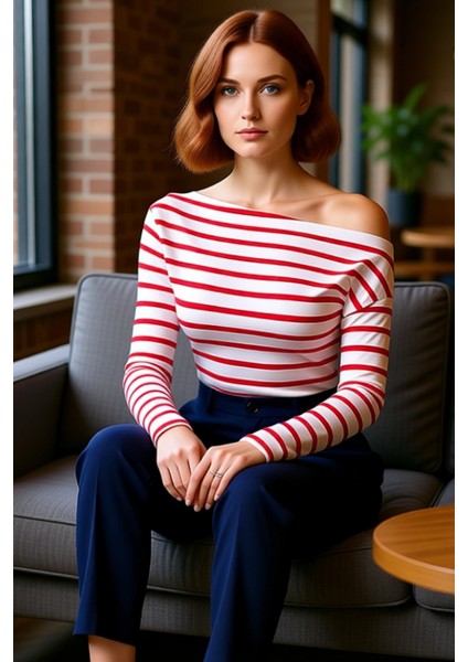 Moda Kayık Yaka Örme Slim Çizgili Desen Casual Günlük Regular Uzun Kol Bluz fırsatları