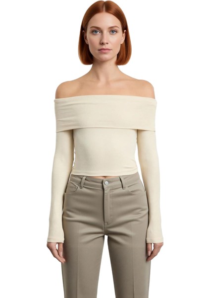 Kadın Moda Şık Üst Giyim Crop Carmen Yaka Slim Kalıp Örme Kısa Esnek Bluz fiyatları