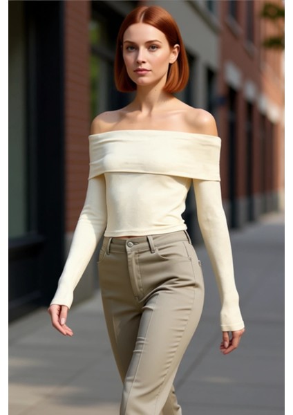 Kadın Moda Şık Üst Giyim Crop Carmen Yaka Slim Kalıp Örme Kısa Esnek Bluz fırsatları