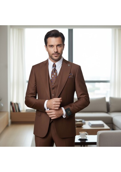 Erkek Takım Elbise, Kırlangıç Yaka, Blazer, Slımfıt, Kahverengi