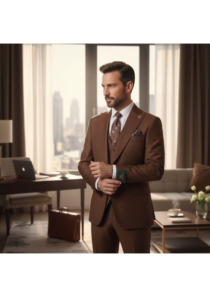 Erkek Takım Elbise, Kırlangıç Yaka, Blazer, Slımfıt, Kahverengi