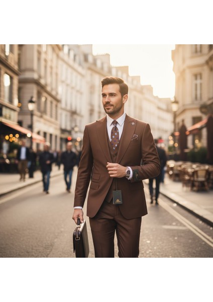 Erkek Takım Elbise, Kırlangıç Yaka, Blazer, Slımfıt, Kahverengi