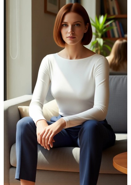 Kadın Şık Regular Kayık Yaka Slim Kalıp Örme Pamuklu Sırt Dekolteli Fitted Vücuda Oturan Esne Bluz