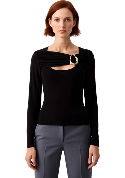 Kadınlar Için Zarif Aksesuarlı Vücuda Oturan Esnek Uzun Kollu Üst Kaliteli Şık Rahat Modern