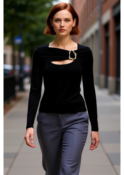 Kadınlar Için Zarif Aksesuarlı Vücuda Oturan Esnek Uzun Kollu Üst Kaliteli Şık Rahat Modern modelleri
