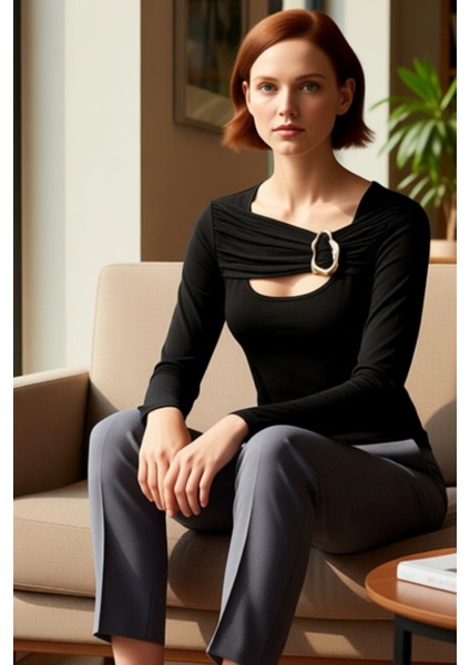 Kadınlar Için Zarif Aksesuarlı Vücuda Oturan Esnek Uzun Kollu Üst Kaliteli Şık Rahat Modern fırsatları