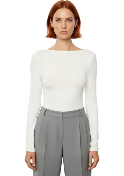 Kadın Kayık Yaka Standart Kol Uzun Kollu Fitted Kalıp Viskon Ribana Bluz Günlük Kullanım Için modelleri