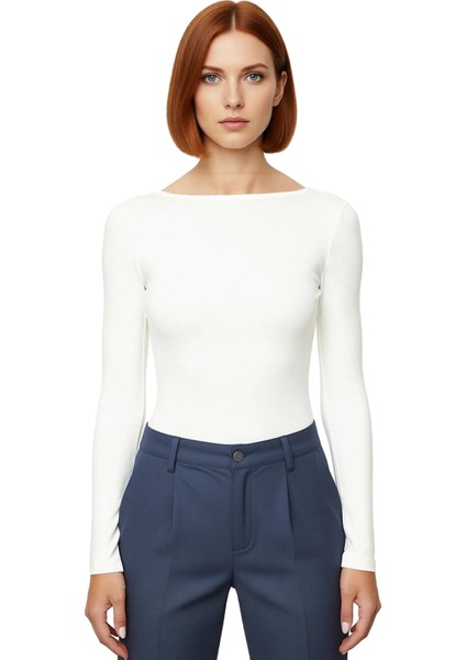 Kadın Şık Regular Kayık Yaka Slim Kalıp Örme Pamuklu Sırt Dekolteli Fitted Vücuda Oturan Esne Bluz fiyatları