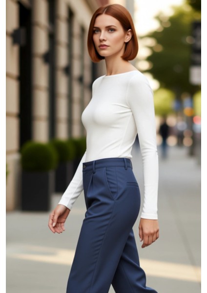 Kadın Şık Regular Kayık Yaka Slim Kalıp Örme Pamuklu Sırt Dekolteli Fitted Vücuda Oturan Esne Bluz fırsatları