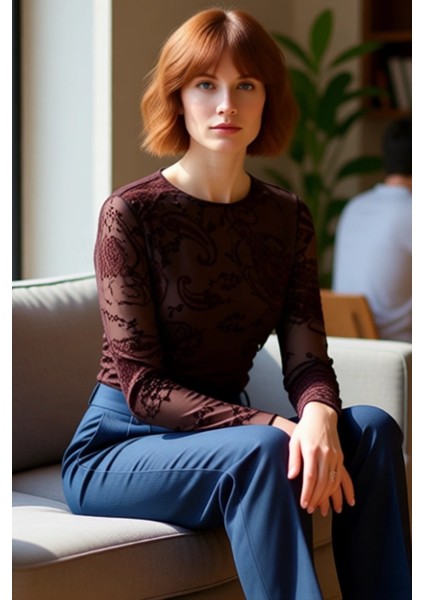 Kadın Vücuda Oturan Desenli Tül Uzun Kollu Üst Kaliteli Şık Rahat Modern Zarif Günlük