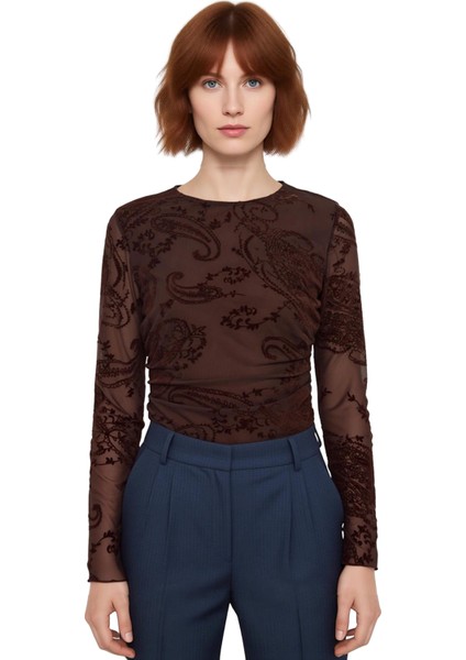 Kadın Vücuda Oturan Desenli Tül Uzun Kollu Üst Kaliteli Şık Rahat Modern Zarif Günlük fiyatları