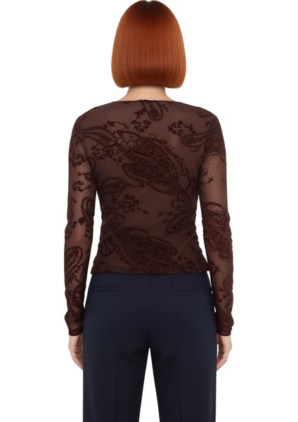 Kadın Vücuda Oturan Desenli Tül Uzun Kollu Üst Kaliteli Şık Rahat Modern Zarif Günlük modelleri