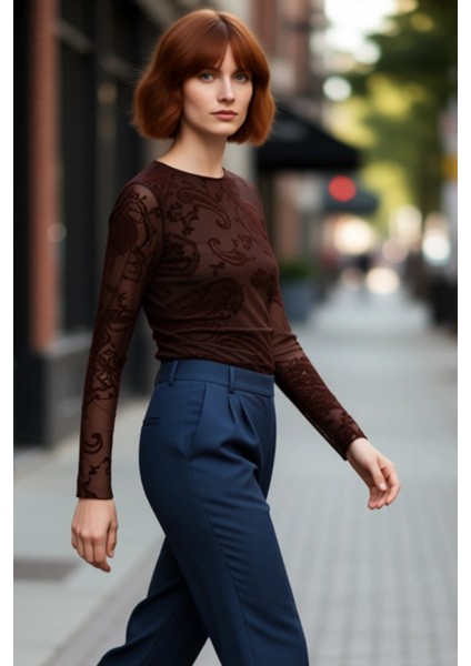 Kadın Vücuda Oturan Desenli Tül Uzun Kollu Üst Kaliteli Şık Rahat Modern Zarif Günlük fırsatları