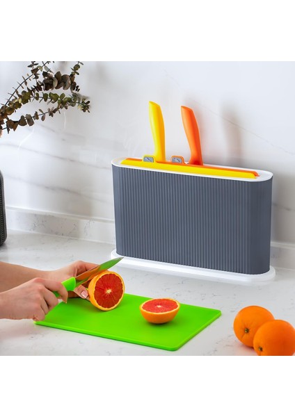 1076 Bıçaklı Çoklu Kesme Tahtası Seti - Et Sebze Balık Doğrama Tahtası Seti - Beyaz