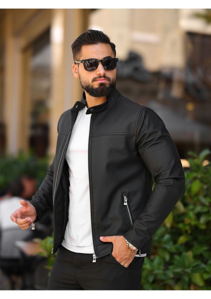 Erkek Siyah Premium Deri Ceket Slim Fit Suni Deri Polo Yaka Şık Tasarım
