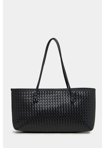 Siyah Kadın Örgü Desenli Pu Deri El ve Omuz Çantası – Zarif Geniş Form