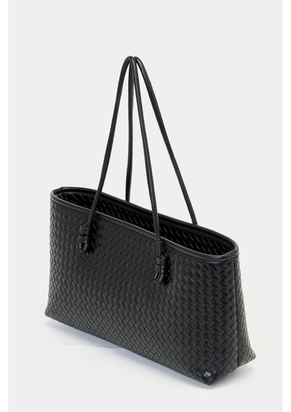 Siyah Kadın Örgü Desenli Pu Deri El ve Omuz Çantası – Zarif Geniş Form fiyatları