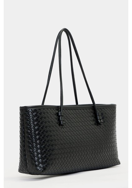 Siyah Kadın Örgü Desenli Pu Deri El ve Omuz Çantası – Zarif Geniş Form fırsatları