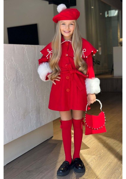 Kız Çocuk Boydan Yakası Inci Taş Işlemeli Şal Detaylı Kemerli Kırmızı Kaşe