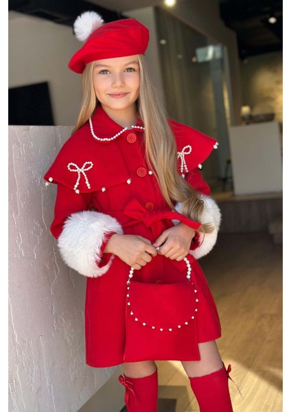 Kız Çocuk Boydan Yakası Inci Taş Işlemeli Şal Detaylı Kemerli Kırmızı Kaşe fiyatları