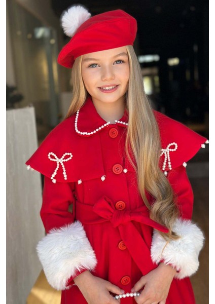 Kız Çocuk Boydan Yakası Inci Taş Işlemeli Şal Detaylı Kemerli Kırmızı Kaşe modelleri