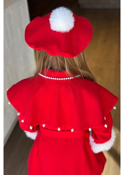 Kız Çocuk Boydan Yakası Inci Taş Işlemeli Şal Detaylı Kemerli Kırmızı Kaşe fırsatları