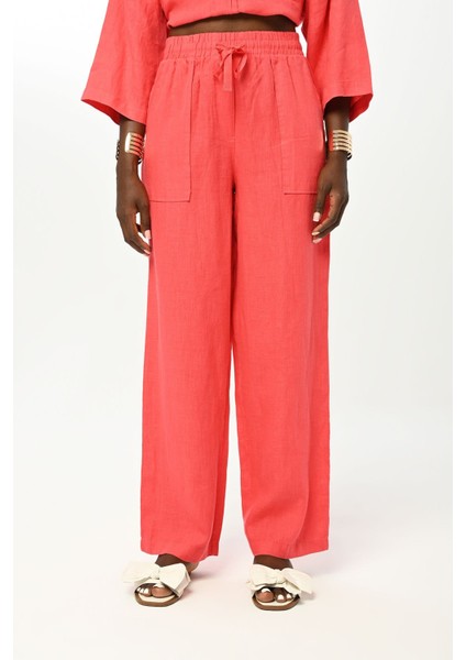 Kadın Beli Lastikli Bol Paça Düz Renk Keten Pantolon