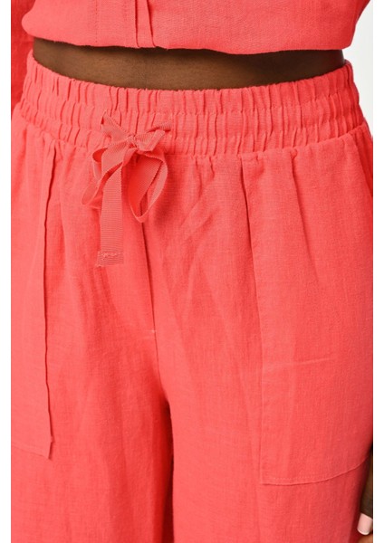 Kadın Beli Lastikli Bol Paça Düz Renk Keten Pantolon fiyatları