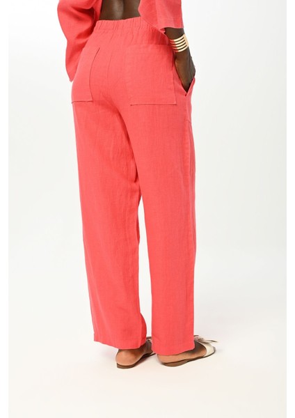 Kadın Beli Lastikli Bol Paça Düz Renk Keten Pantolon modelleri