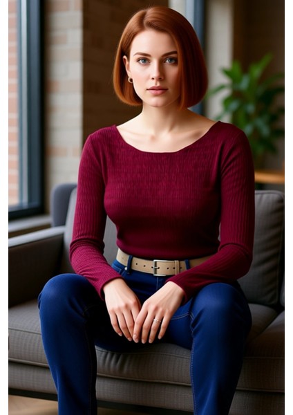 Kadın Vücuda Oturan Dokulu Esnek Örme Bisiklet Yaka Üst Kaliteli Şık Rahat Modern Zarif Günlük