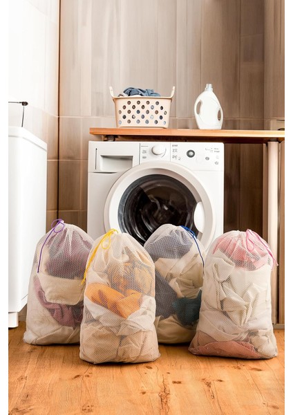 4&apos;lü Çamaşır Yıkama Filesi Ayakkabı Yıkama Filesi Renkli Ipli 40X60 cm