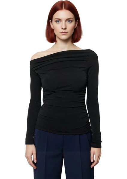 Kadın Regular Asimetrik Yaka Slim Kalıp Örme Büzgü Drape Fitted Vücuda Oturan Kollu Esnek Bluz fiyatları