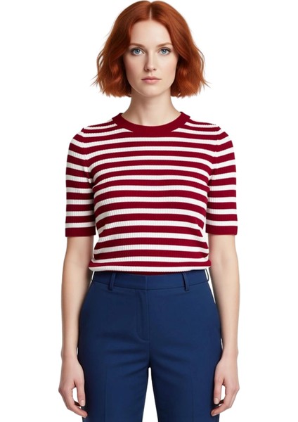 Kadın Moda Şık Üst Giyim Regular Bisiklet Yaka Regular Kalıp Triko Basic Çizgili Kazak fiyatları