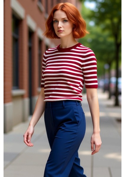 Kadın Moda Şık Üst Giyim Regular Bisiklet Yaka Regular Kalıp Triko Basic Çizgili Kazak fırsatları