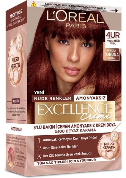L’oréal Paris Excellence Creme Nude Renkler Saç Boyası – 4ur Nude Koyu Kızıl fiyatları