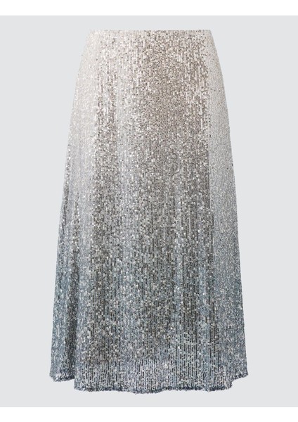 Grı Düz Kesim Normal Bel Payetli Midi Etek