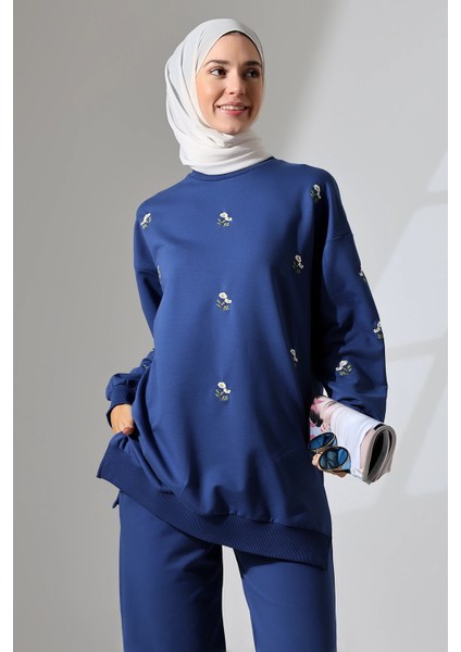 Kadın Lacivert Mevsimlik Penye Alt Üst Spor ve Rahat Ikili Tunik Pantolon Şık Tesettür Takım