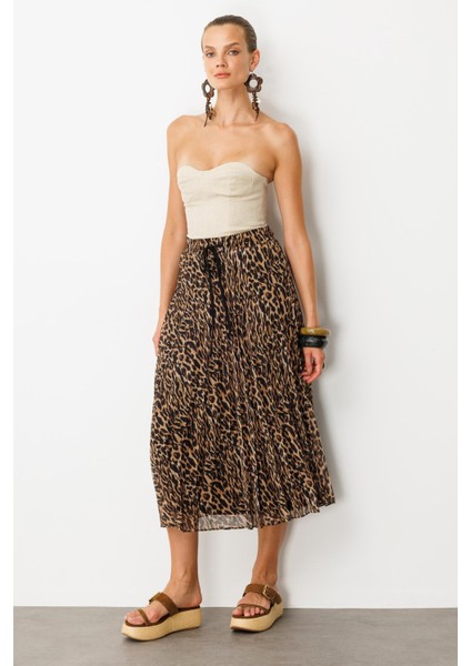 Beli Lastik Pileli Şifon Etek-Kahve