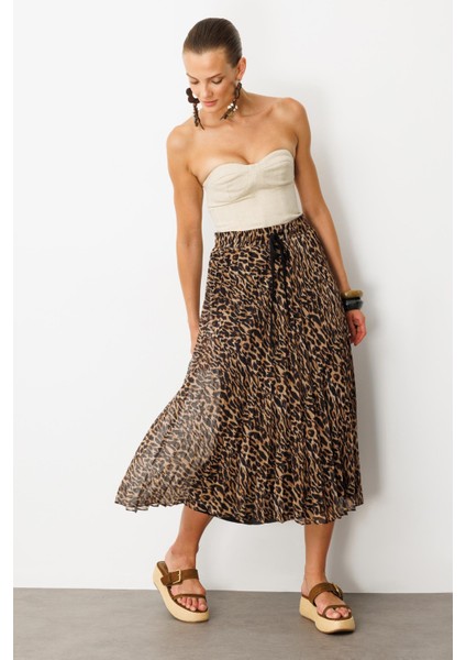 Beli Lastik Pileli Şifon Etek-Kahve