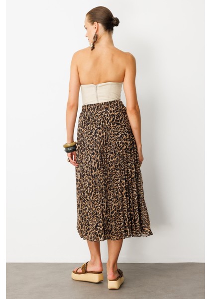 Beli Lastik Pileli Şifon Etek-Kahve