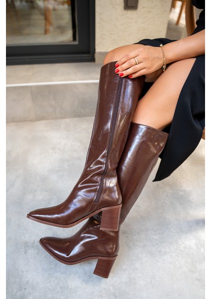 Volera Acı Kahve Deri Küt Burun Topuklu Çizme indirimleri