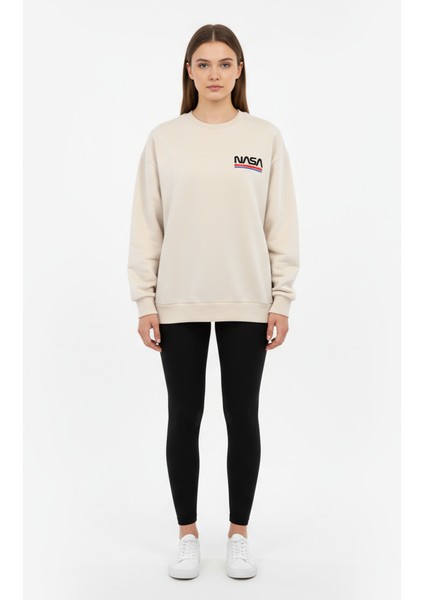 Uzay Meraklılarına Özel Nasa Sweatshirt Oversize Bej