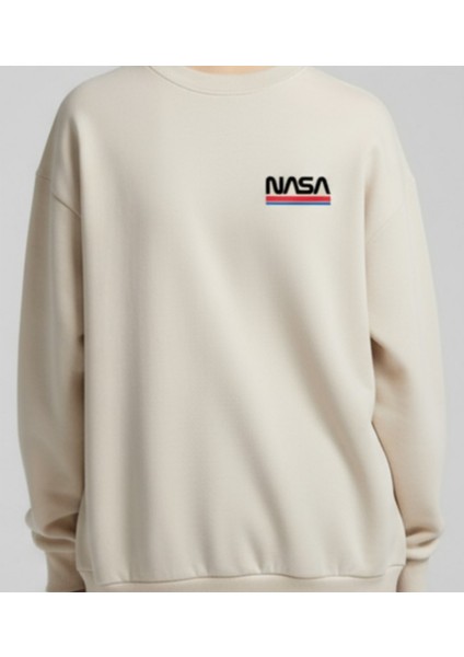 Uzay Meraklılarına Özel Nasa Sweatshirt Oversize Bej