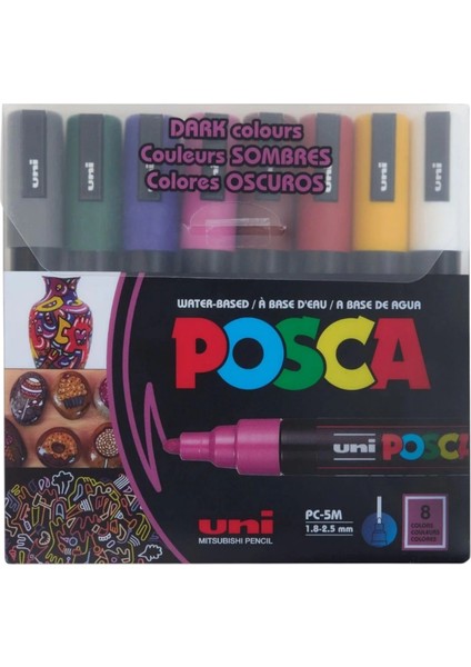 Uniball Posca (1.8-2.5) Su Bazlı Boyama Markörü Koyu Renk 8'li Set ( N ) (Uni-Pc-5m)/ 8c Dc Set