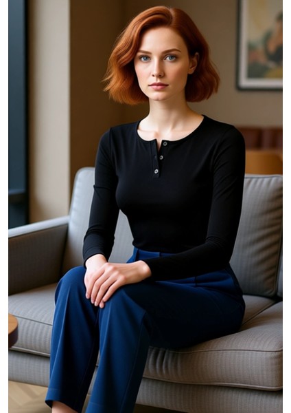 Kadın Fitted Uzun Kollu Bisiklet Yaka Düğmeli Örme Üst Kaliteli Şık Rahat Modern Zarif Günlük