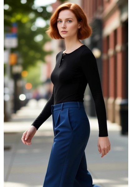 Kadın Fitted Uzun Kollu Bisiklet Yaka Düğmeli Örme Üst Kaliteli Şık Rahat Modern Zarif Günlük fırsatları