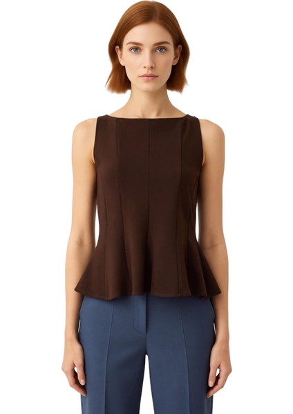 Kadın Peplum Kesim Kayık Yaka Kolsuz Örme Bluz Kaliteli Şık Rahat Modern Zarif Günlük